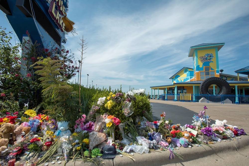 A memorial in front of Ride the Ducks Branson mourns victims of the July 19 accident.